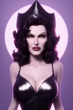 Rita Hayworth as evil queen in black leather, busty, cleavage, curvy, angry, stern look. character design by cory loftis, fenghua zhong, ryohei hase, ismail inceoglu and ruan jia. unreal engine 5, artistic lighting, highly detailed, photorealistic, fantasy