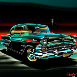 Detailed illustration of a [1957 Chevy], metallic body in [black], with subtle rust spots and faded paint details. The car is parked, chrome accents and custom wheels catching the light. The background shows [drag strip], with a [SKY GRADIENT COLORS]. The style is cinematic, bold, and vibrant, masterpiece digital painting with high detail and game-art inspired realism.