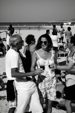 party on the beach of Porto Racanti in the middle of summer, music, dancing, celebration, toast, photography taken with a Leica camera and a 35 mm lens, black and white photography