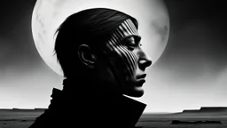 black and white portrait, a human face in profile, gaze into nothingness, three red engraved stripes on the face, alone, pain, background behind it a surreal, barren landscape, ruins, and a black sun. dark, thriller, gloomy vibe, utopian, dramatic