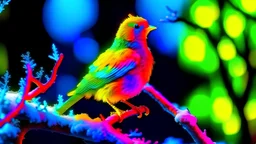 Imagine a real picture where small pieces of colored glass were transformed and formed into the form of a small bird with bright yellow eyes in amazing neon colors as it stood on the branch of a large Christmas tree to which the snow was stuck, reflecting the amazing lights and colors of the spectrum onto everything around it.