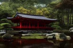 a ancient japanese temple in the middle of a forest mear a small river, extremely highly detailed, high quality, 8k hdr, octane render, unreal engine 5, hyperrealistic, concept art, trending on artstation, dramatic lighting, cinematic, high coherence, path tracing, ruins, clouds in the sky, singular building, centered