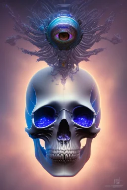 A glass headed skull with sapphire eys wearing a futuristic uniform, 8k resolution concept art portrait by Greg Rutkowski, Artgerm, WLOP, Alphonse Mucha Boris Vallejo H.R. Giger dynamic lighting hyperdetailed intricately detailed Splash art trending on Artstation vivid colors Unreal Engine 5 volumetric lighting