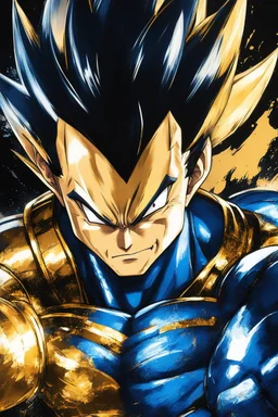 Poster in two gradually, a one side "vegeta face", another side "goku face", midle faces, painting by Yoji Shinkawa, darkblue and GOLD detailed iridescent, metallic, translucent, dramatic lighting, hyper futuristic, digital art, shot with Sony Alpha a9 Il and Sony FE 200-600mm f/5.6-6.3 G OSS lens, natural light, hyper realistic photograph, ultra detailed -ar 3:2 -q 2 -s 750,