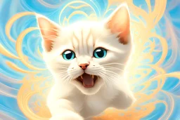 A high-speed action shot of a young Siamese kittenwith brown ears, captured in mid-leap or play. The image is detailed and intricate, featuring swirling fractal patterns surrounding the kitten, enhancing the sense of motion and energy. In the background, there's a mesmerizing fractal landscape, with complex geometric shapes and vibrant colors. The landscape and the fractal patterns around the puppy blend seamlessly, creating a dynamic and visually captivating scene in space with chrome silver pl