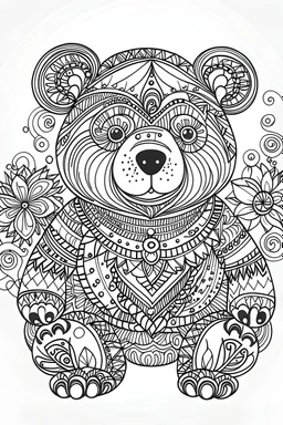 Outline art for coloring page, BOHEMIAN HAPPY TEDDY BEAR, coloring page, white background, Sketch style, only use outline, clean line art, white background, no shadows, no shading, no color, clear