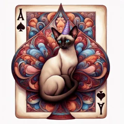 <lora:FiosMysticAura:1.0> <lora:FiosArcaneCards:1.0> A smooth, elegant sophisticated chocolate point Oriental shorthair Siamese cat, wearing a tiny party hat, emerges from a gigantic, intricately designed playing card, reminiscent of the whimsical styles of James Gurney, Chuck Jones, and Ash Thorp, with vibrant, dreamlike colors and delicate, hand-painted textures.