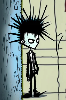 2d drawing of a stickman, cool with punk hair, x eyes like in hangman, smart suit, leaning against a wall,3d realistic in colour