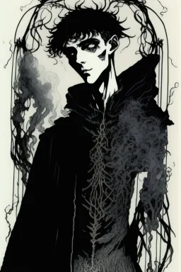 17 year old boy, necromancer, friendly, looks dead, surrounded by weird smoke with eyes, wearing black robes, in the style of Harry Clarke