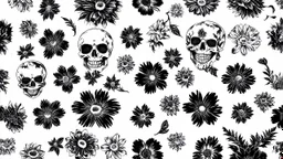 tracery of flowers and skulls, black and white, Maximum minimalism