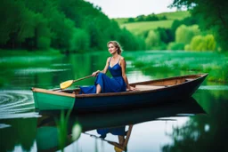 shot from front ,green field and wild flower field ,(A German beauty , with a melon seed face and wearing a blue camisole long skirt. She has a slender figure, beautiful makeup, and elegant temperament sitting in a boat and movin her hands as if she is dancing while sitting in boat in water toward camera in trees next to wavy river with clear water and nice sands in floor.camera capture from her full body front, spring blosom walking to camera ,wild flowers moving in the wind ,blue sky,moving p