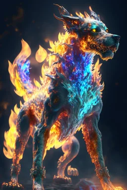 Zombie dog fire dragon humanoid fused ,extremely detailed,crystal clear, mystical colors ,perfectly centered image, perfect composition, rim light, beautiful lighting, 8k, stunning scene, raytracing