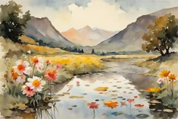 Sunny day, flowers, mountains, puddle, fantasy, sci-fi, epic, winslow homer watercolor paintings