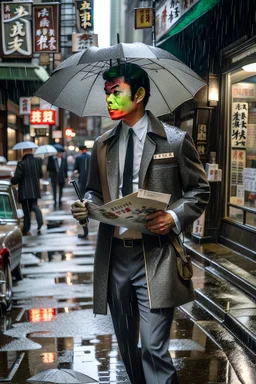 Werewolf in a suit walking the streets of Soho in the rain. He's holding a resraurant menu in his hand. There is a Chinese restaurant called Lee Ho Fuk's in the background. Photograph.
