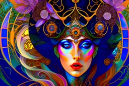 art by Alfons Mucha in the style of Salvador Dali, muted psychedelic colors, Lady Gaga as a high elf steampunk queen, in an biomechanical universe, HD 4K ultra high resolution, photo-real accurate, cinematic volumetric lighting