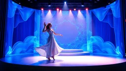 modern stage with blue theme artistic decoration , color full dynamic lighting, a beautiful lady in modern maxy dress with shining jwells dancing, 3D recursive fractal structure animating background