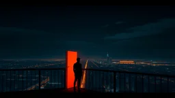 A lone figure stands on a balcony overlooking a city at night. The figure is silhouetted against a brightly lit doorway, casting a warm orange glow. The city below is a blur of lights, with hints of orange and red reflecting off the dark buildings. The sky is a deep, moody blue, with a few wispy clouds. The overall mood is one of solitude and contemplation.