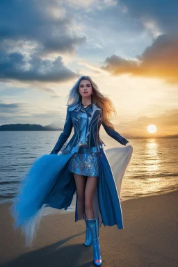 half body shot,realistic portrait of a 20-25 old caucasian model, long blue pink flowing hair, great grey eyes, blue leather jacket,full body, short white skirt,long legs,standing at beach of very nive lake with sunset ,clouds,godrayes