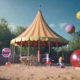 Ultra realistic circus scene. Child’s playing, smile, happy, color bubbles, smooth color, waist up view, Wes Anderson style, a lot of people background, highly detailed, concept art, unreal engine 5, god rays, ray tracing, RTX, lumen lighting, ultra detail, volumetric lighting, 3d, finely drawn, high definition, high resolution.