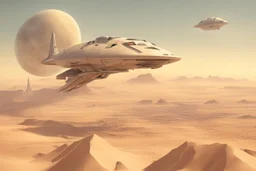 spaceship flying low over a desert city