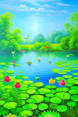 impressionism nature peace communication compassion tranquility water lillies birds blue sky meadow