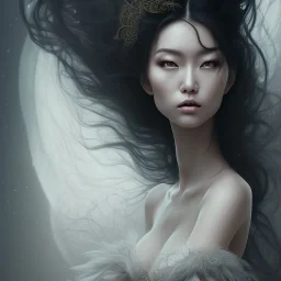 A portrait of a beautiful curvaceous japanese woman with long straight curly black hair, wearing a black lace dress with a deep v neck, sorceress, magical, ethereal, intricate, sharp lighting, misty. Painting, high quality, Ultra quality 8k.