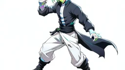 Satoru Gojo is a young guy white hair blue eyes black turtleneck without arms white loose pants in a defensive pose