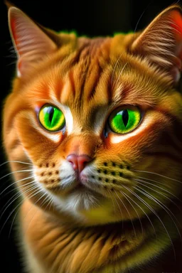 Portrait of a ginger British shorthair cat with green eyes and letter M on forehead with kind eyes