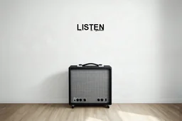 Une pièce vide et blanche, un ampli tout au au fond, sur le mur il est écrit LISTEN, liminal atmosphere