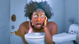 confused black lady on the phone on the toilet