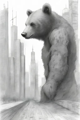 A humanoid bear in the city against the background of high-rise towers, 2500 A.D., black pencil, sketch, Dmitry Kustanovich