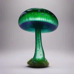 handmade glass art, a forest mushroom, the stem is made of clear transparent glass, small air bubbles and green glass stripes in the core of the stem, the shape is thick at the bottom and narrows at the top. The hat itself is made of purple clear glass where green fused glass is laid as a spiral from the middle outwards on top of the hat and is melted into the hat. The stem is set on a fused purple glass base with yellow glass stripes radiating from the center outwards. Placed in a window