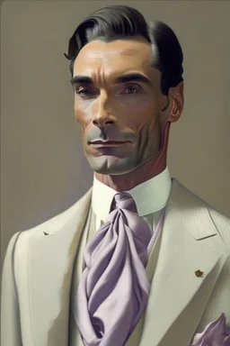 Man in his 40s, thin, clean-shaven; he wears and Ivory double-breasted suit and a silk scarf of the same color; careful look