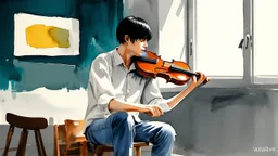 watercolor painting, A person with short black hair, wearing a simple white shirt and blue jeans, sitting in a quiet room, focused on a violin, conveying a sense of isolation and concentration. The walls are decorated with softly colored abstract art, and there is a large window letting in warm daylight., deep teal and light grey color scheme, blurry, muted colors, long exposition motion blur, creative, detailed brush stroke, minimal spalsh