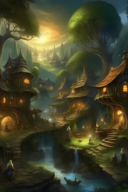 an enchanting fantasy digital painting depicting an elven village with woodland creatures, wizards, and magic visual effects portrayed in JRR Tolkien style.