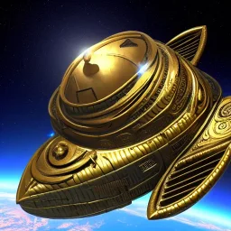 worn huge ornate starship made of brass, in space