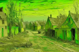 A lime green abandoned plague town painted by Claude Monet