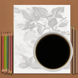 A High resolution photograph with soft lightning, of a a4 size drawing on a table next to two colored pencils. A green plant in a pot in the left top corner, a cup of coffee in the right top corner.