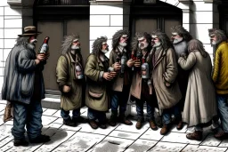 A group mature homeless street main coon cats with worn out clothes, standing in a corner on the street, holding wine bottles in their wings , Vienna, mourning, model style, hyper realistic, extremely accurate, delicate, extremely detaile, wide-angle, open aperture, pen and ink