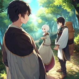 Girl with white hair. Boy with black hair wearing peasant clothes. Forest path background