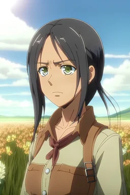Attack on Titan screencap of an asian female with middle long, straight black hair and brown eyes. Beautiful background scenery of a flower field behind her. With studio art screencap.