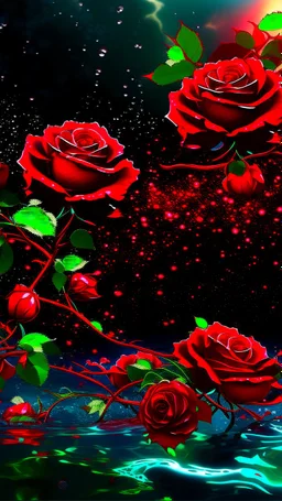 The image is a digital artwork that depicts a branch of tree of Red roses and leaves tangling in to a water in the river with aThe rose floats on the surface of the water, creating a wave-like effect. The background is black, which makes a branch of a tree of red roses stand out even more. Water droplets are scattered adding to the dreamy, ethereal quality of the image.all leaves and background are red