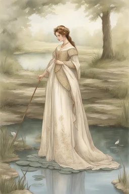 [Medieval] A woman princess in dress around a pond