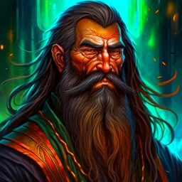 dnd, fantasy, wizard, portrait, face, close up, long beard, black hair, angular features, exotic features, long, slender