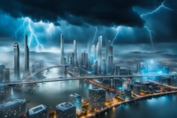 Dreamlike Skyline of Downtown futuristic hightech city in 4050 and a stunning futuristic Bridge During. dark sky, grey and black clouds , storm, dark azur-blue river, cold colors, come storm, rain, high detalied, sci-fi, landscape