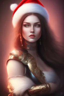 portrait lady warrior with very big bobs long black hairs and Christmas hat