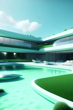 future living facilities whit tesla and swimming pool whit grass and a litle color