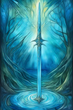 Ace of SWORDS tarot card arising hand from the water, a dreamy and mystical appearance magical runes glowing, shiny and shimmering, drawn with crayons, mystical moonlight ethereal aura surroundings, soft and dreamy color palette, artistic, hand-drawn, mystical, fantasy, ethereal aura, soft color palette, dreamy lighting with blue palette of colors