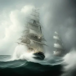 Tall ship, sail, rough sea, storm,