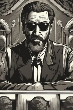 strange priest wearing sunglasses who looks like Hans Gruber with a judgmental look on his face comic book style